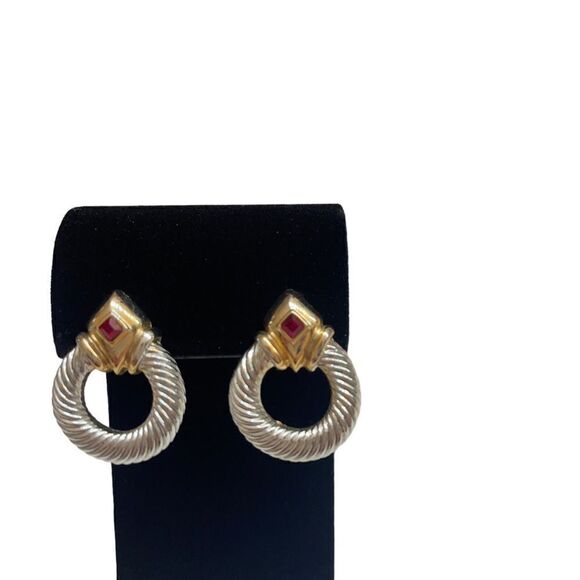 Vintage 80’s Twist Silver/Gold Tone Cable Door Knocker with Red Stone Earrings - Picture 7 of 7